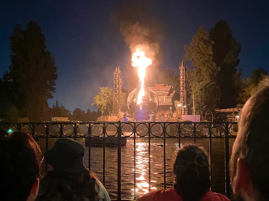 This photo courtesy of Shawna Bell shows a fire during the “Fantasmic" show in the Tom Sawyer Island section of Disneyland resort in Anaheim, Calif., on Saturday, April 22, 2023. (Courtesy Shawna Bell via AP)