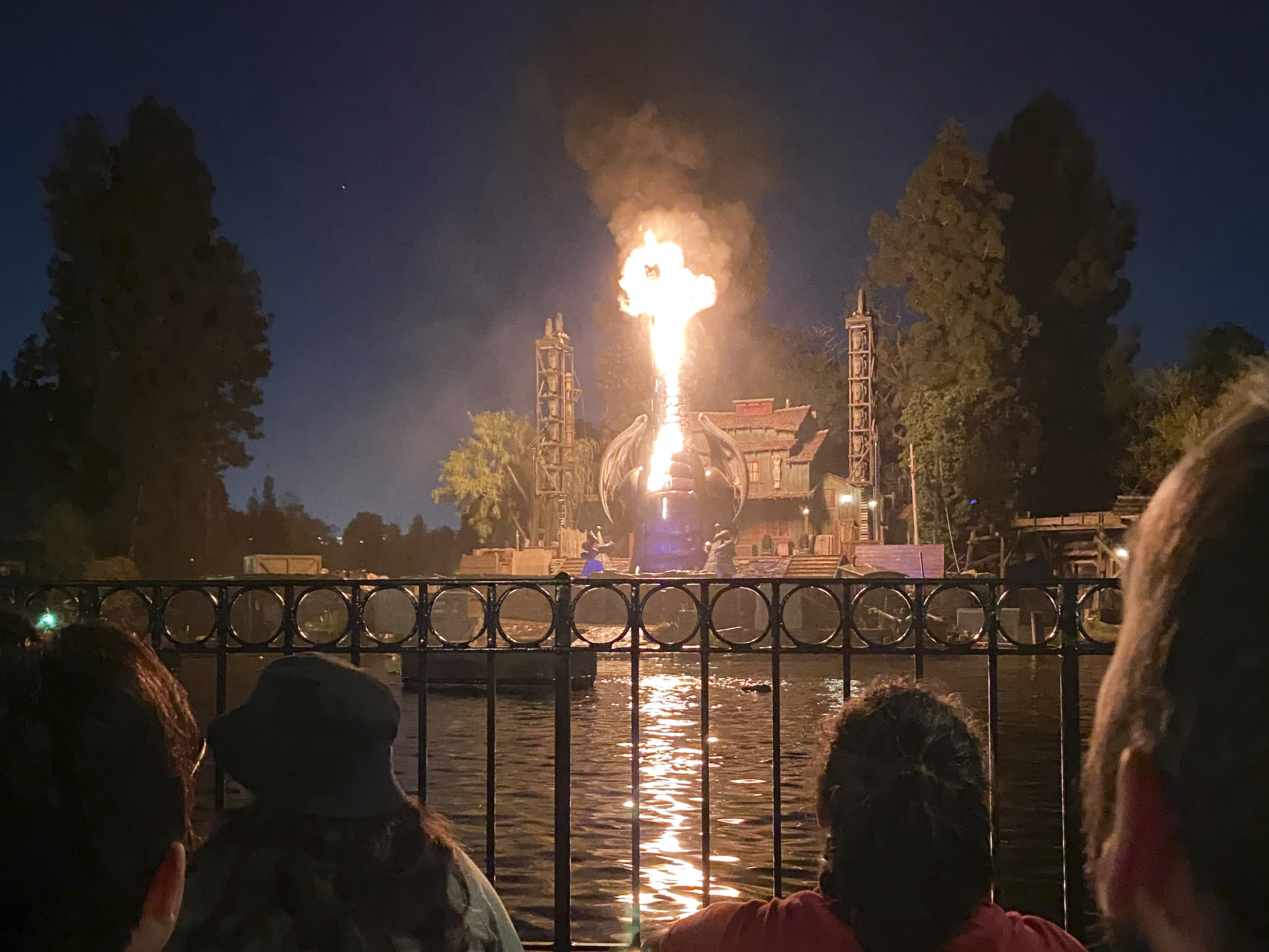 This photo courtesy of Shawna Bell shows a fire during the “Fantasmic!" show in the Tom Sawyer Island section of Disneyland resort in Anaheim, Calif., on Saturday, April 22, 2023. (Courtesy Shawna Bell via AP)