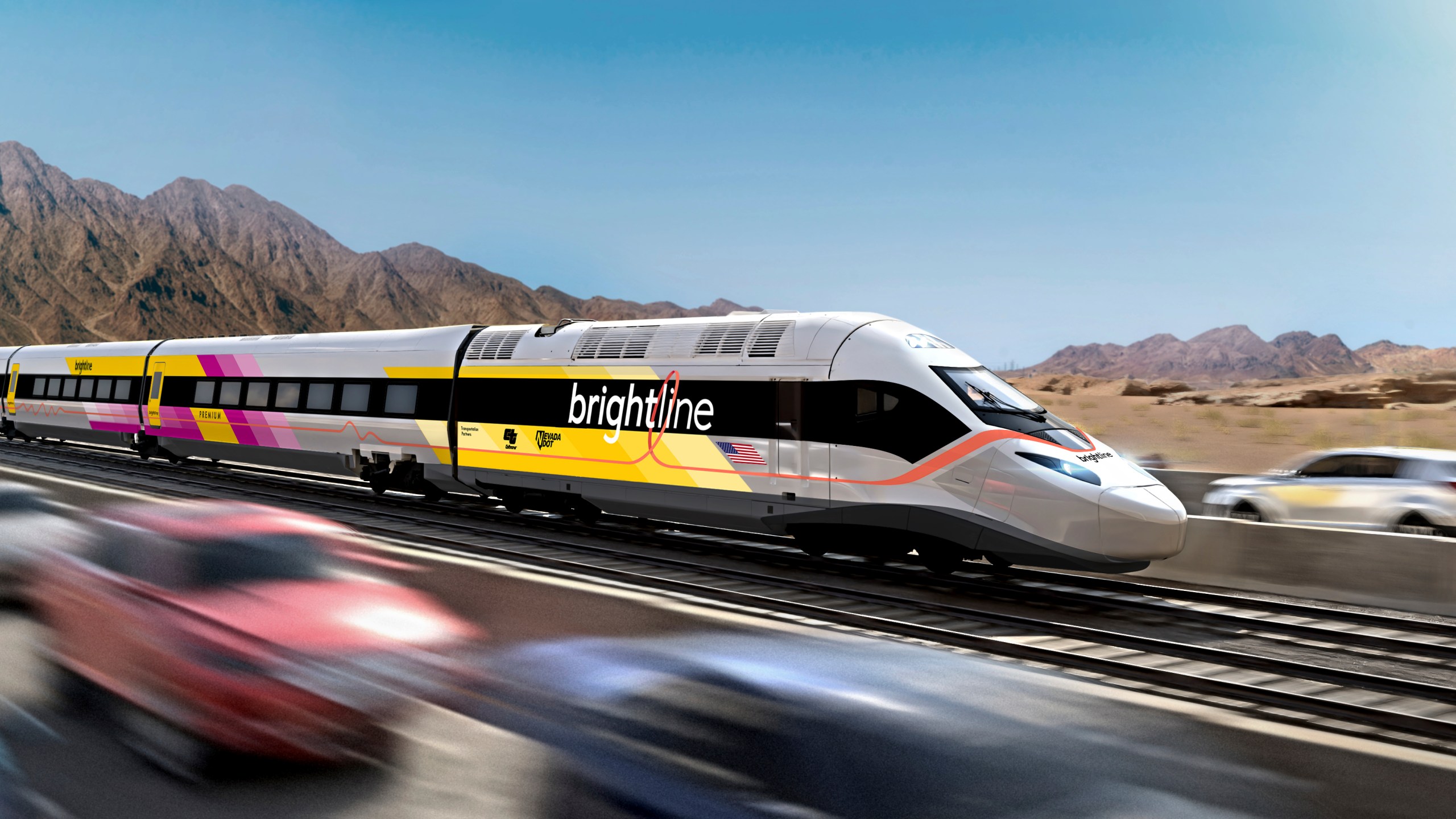 This undated illustration provided by Brightline West shows an illustration of the Brightline West High Speed Rail project train from Las Vegas to Rancho Cucamonga, Calif. A bipartisan congressional group from Nevada and California asked the Biden administration on Monday, April 24, 2023, to fast-track federal funds for a private company to build a high-speed rail line between Las Vegas and the Los Angeles area. (Brightline West via AP)