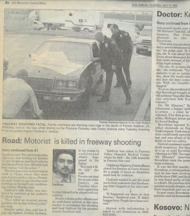 Newspaper clipping from The Daily Bulletin about Fermín Saldivar's murder in a photo from the Pomona Police Department.