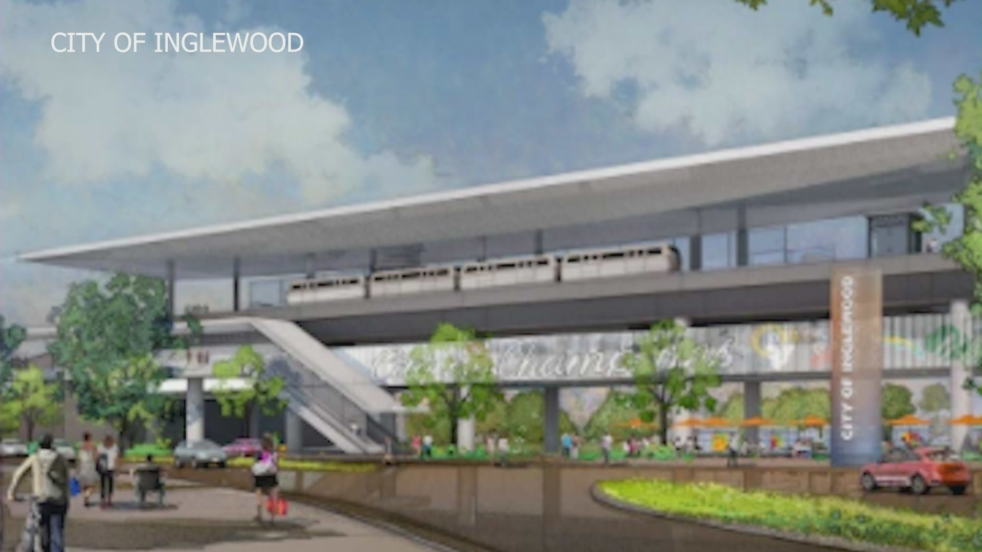 This undated rendering from the city of Inglewood shows a rendering of a Metro station included as part of the people mover project.