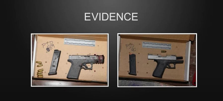 Two loaded handguns recovered near suspect Jonathan Magana following a deadly standoff with LAPD officers in Boyle Heights on March 8, 2023. (Los Angeles Police Department)