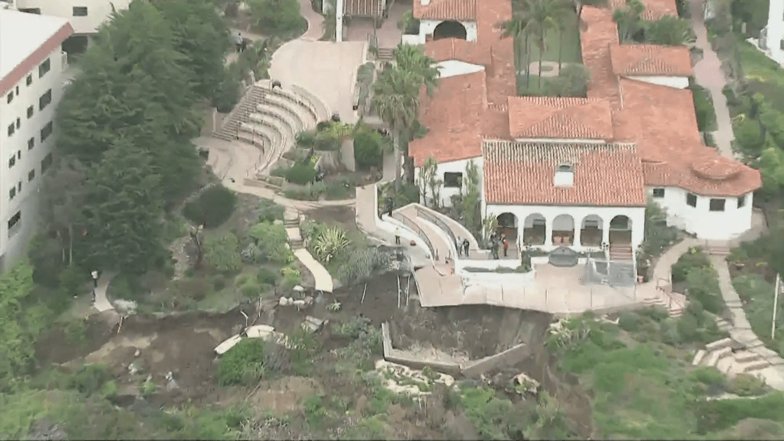 The hillside under the historic Casa Romantica in San Clemente collapsed on April 27, 2023. (KTLA)