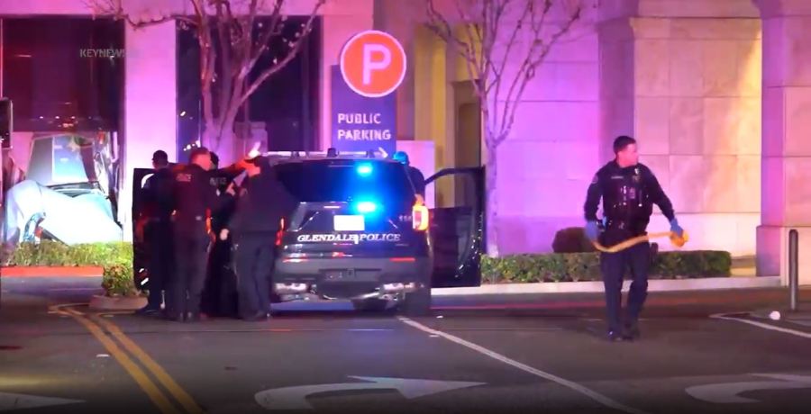 Stolen car suspect crashes into The Americana at Brand mall in Glendale after a pursuit on April 1, 2023. (KeyNews.TV)