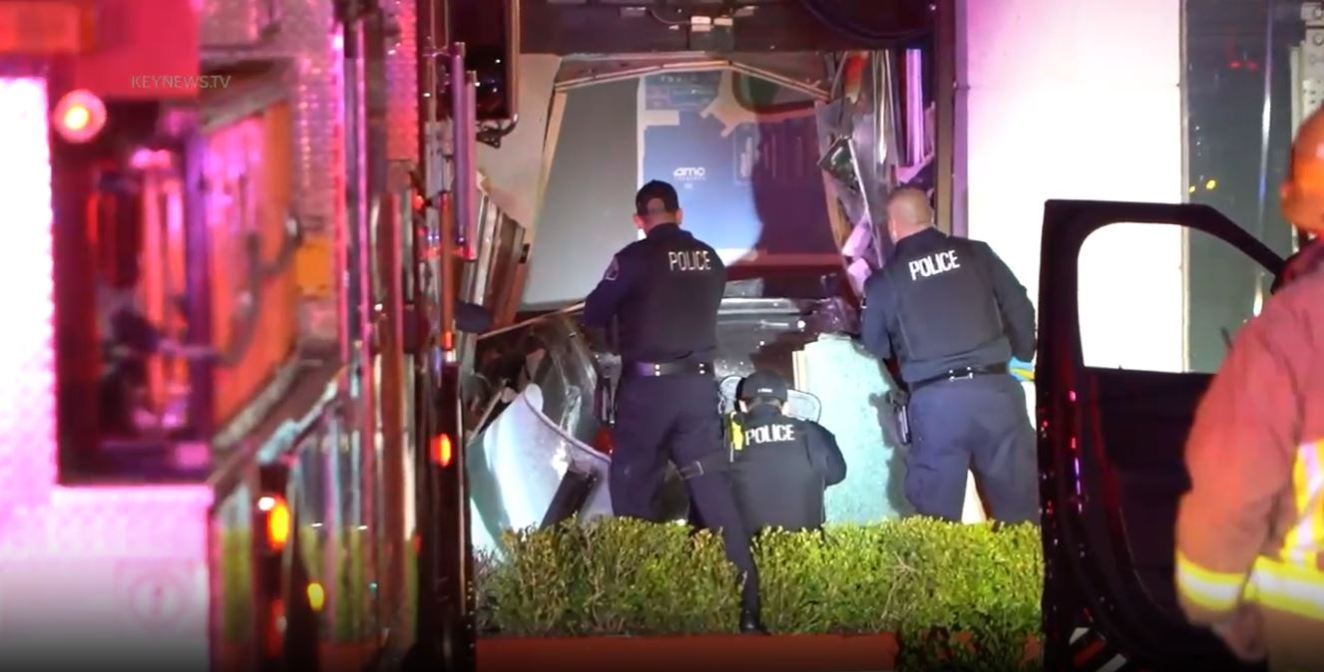 Stolen car suspect crashes into The Americana at Brand mall in Glendale after a pursuit on April 1, 2023. (KeyNews.TV)