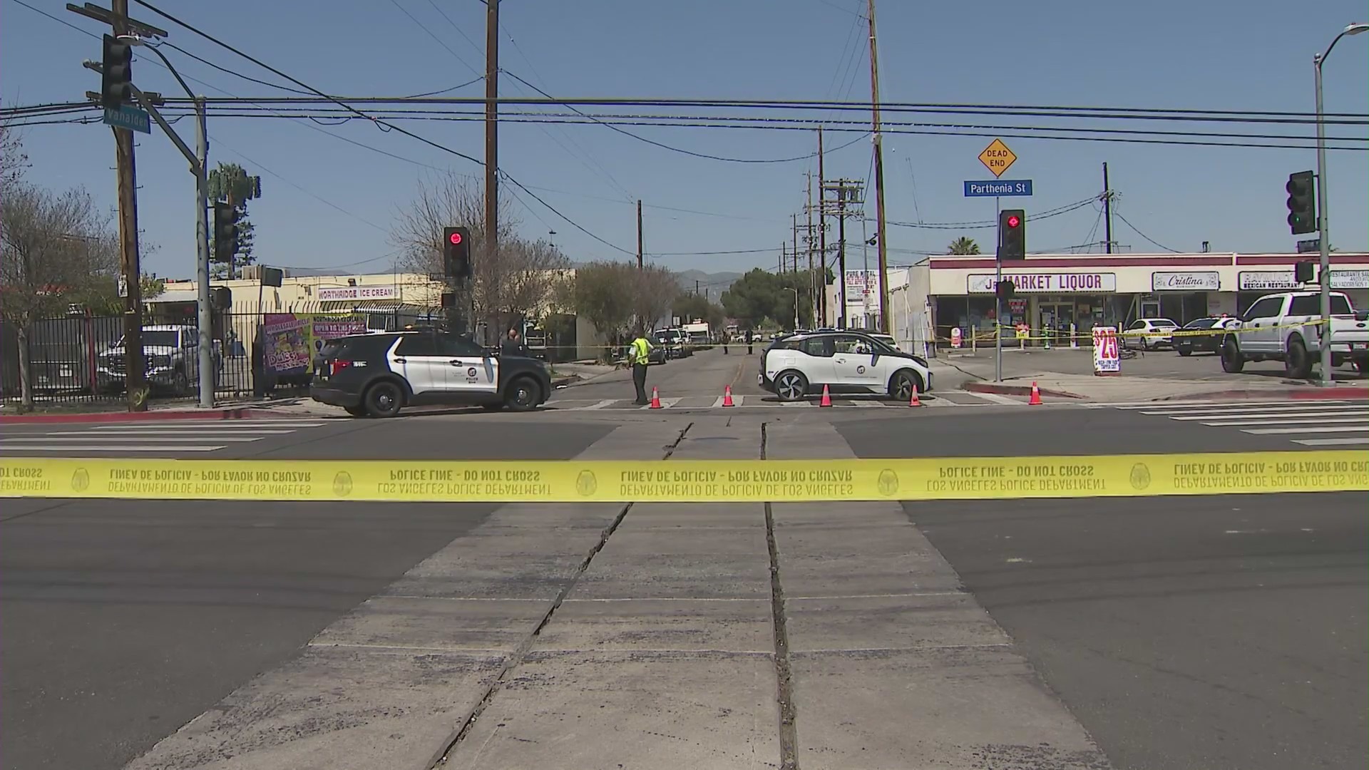 One man was killed and three others were wounded after being shot in a Northridge strip mall on April 15, 2023. (KTLA)