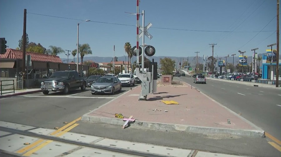 Train tracks where an 11-year-old girl was killed and her mother was critically injured after being struck by a train in Redlands on April 4, 2023. (KTLA)