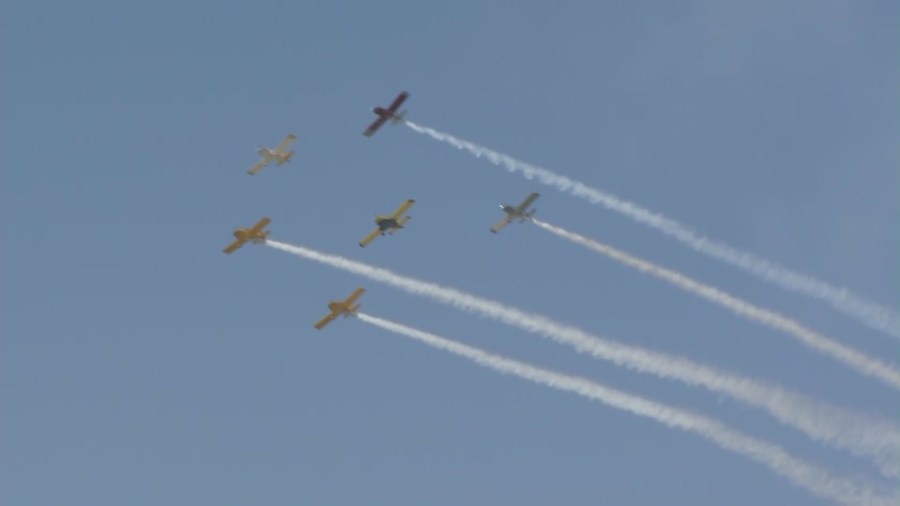 Aircraft performing at the Southern California Airshow at the March Air Reserve Base in Riverside. (KTLA)