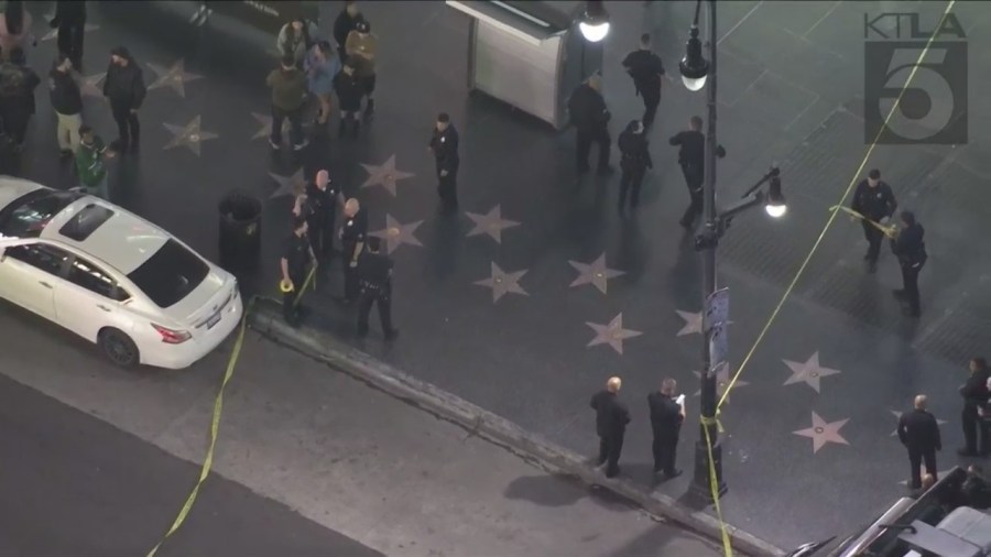 A man is hospitalized after being shot in the head on Hollywood Boulevard Friday night. (KTLA)