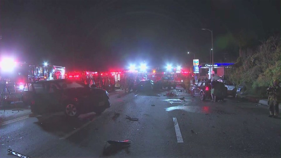 A multi-vehicle crash in Pacific Palisades left seven people hospitalized on April 15, 2023. (KTLA)