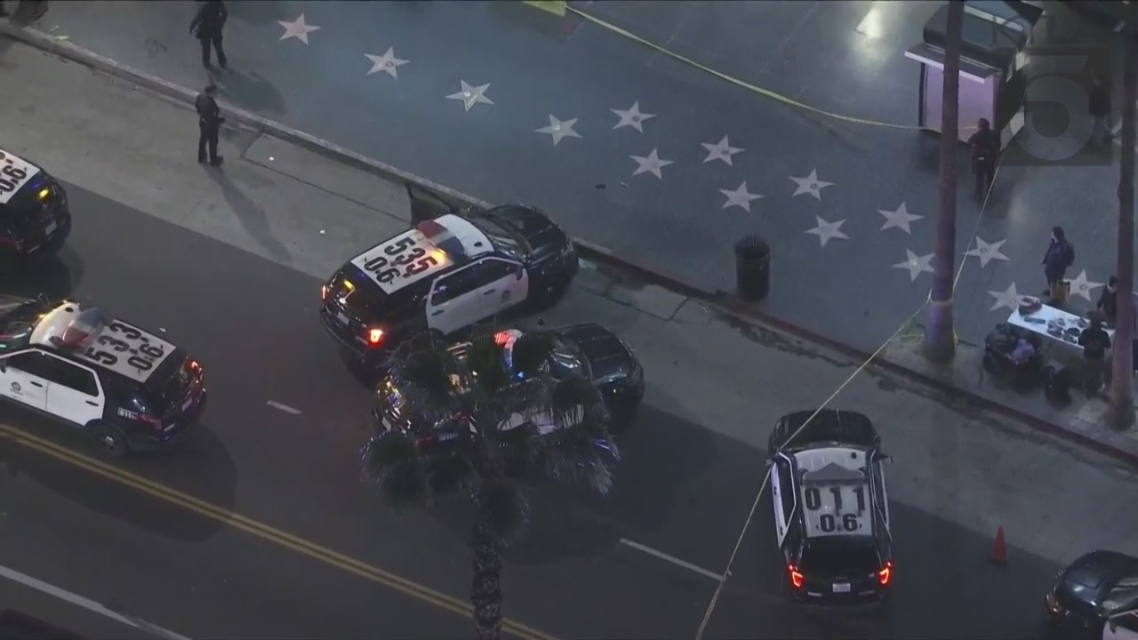 A man is hospitalized after being shot in the head on Hollywood Boulevard Friday night. (KTLA)