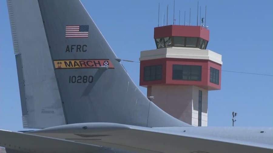 Aircraft at the Southern California Airshow at the March Air Reserve Base in Riverside. (KTLA)