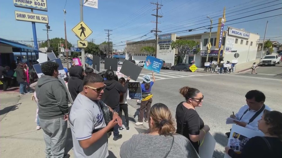 Rally held by residents on April 8, 2023 calling for safer streets after a hit-and-run crash left a 13-year-old boy without a leg in Boyle Heights. (KTLA)