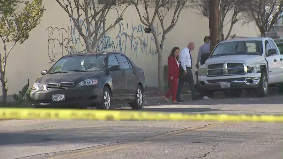 One man was killed and three others were wounded after being shot in a Northridge strip mall on April 15, 2023. (KTLA)