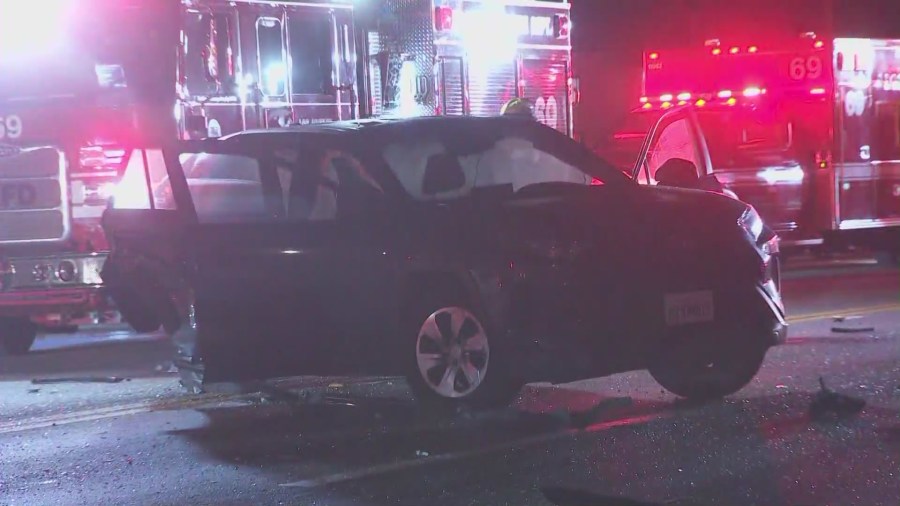 A multi-vehicle crash in Pacific Palisades left seven people hospitalized on April 15, 2023. (KTLA)