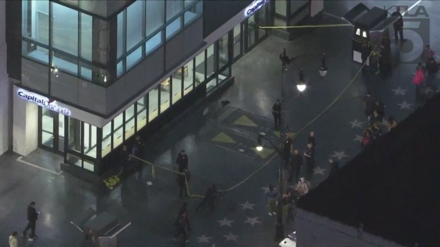 A man is hospitalized after being shot in the head on Hollywood Boulevard Friday night. (KTLA)