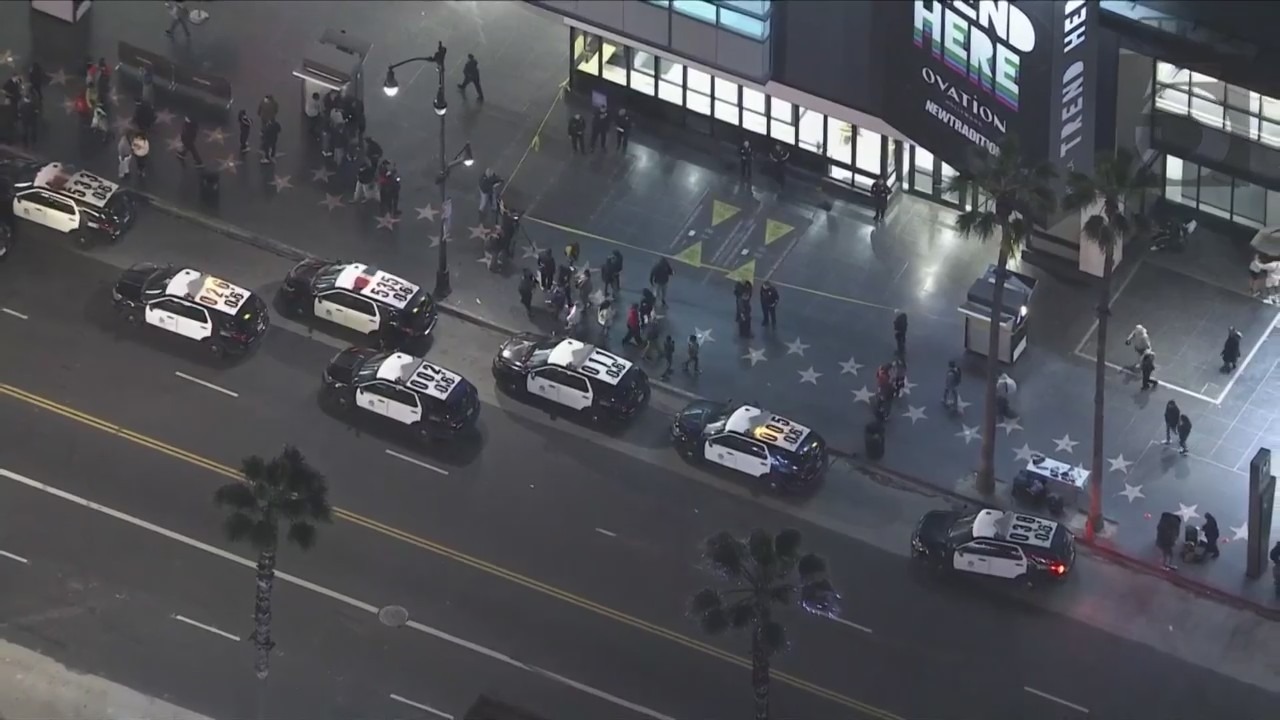 A man is hospitalized after being shot in the head on Hollywood Boulevard Friday night. (KTLA)