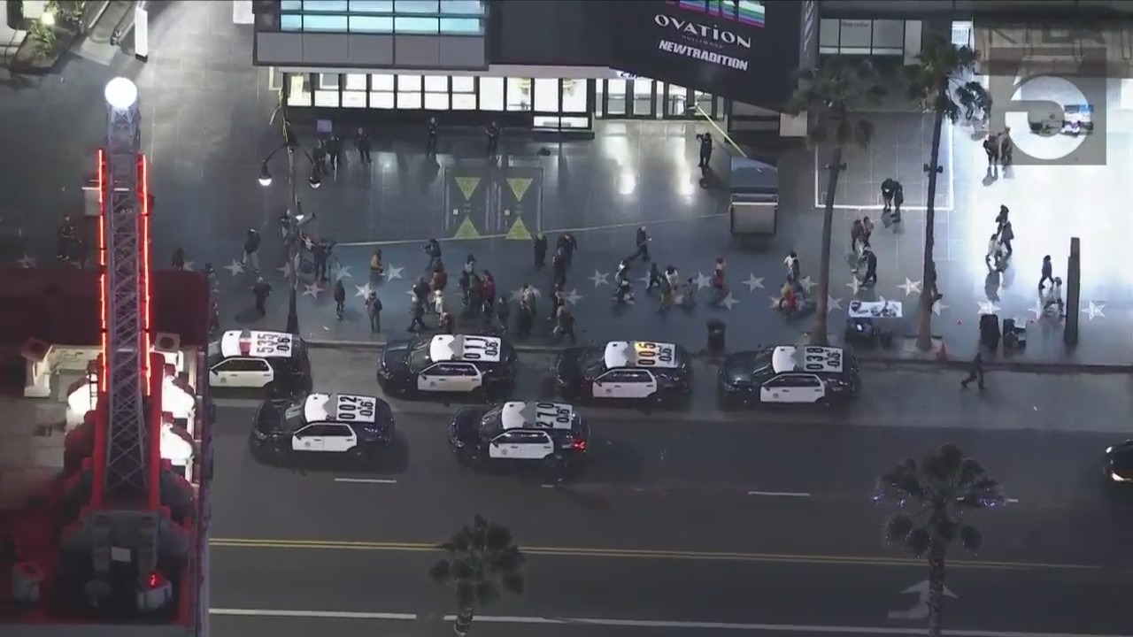 A man is hospitalized after being shot in the head on Hollywood Boulevard Friday night. (KTLA)