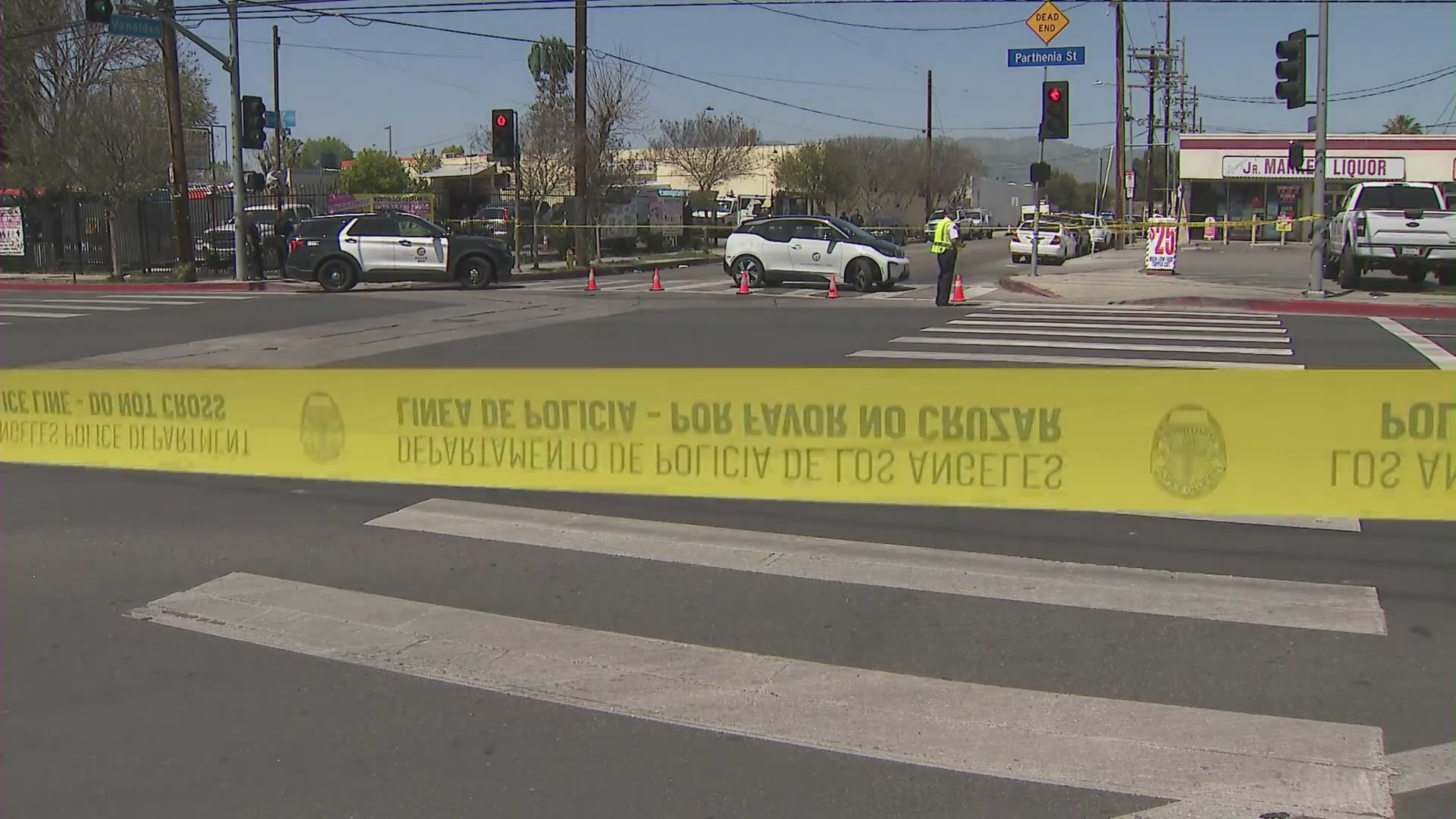 One man was killed and three others were wounded after being shot in a Northridge strip mall on April 15, 2023. (KTLA)