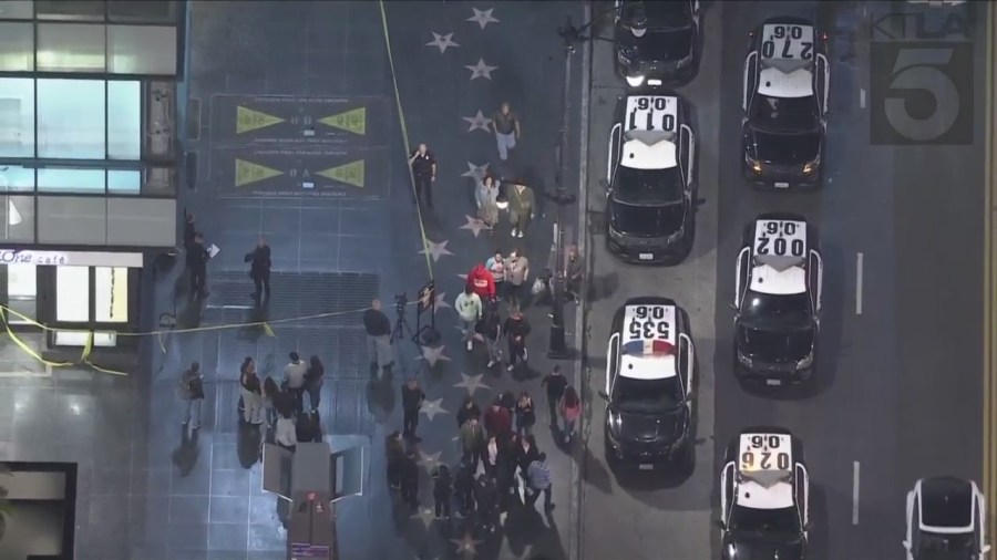 A man is hospitalized after being shot in the head on Hollywood Boulevard Friday night. (KTLA)