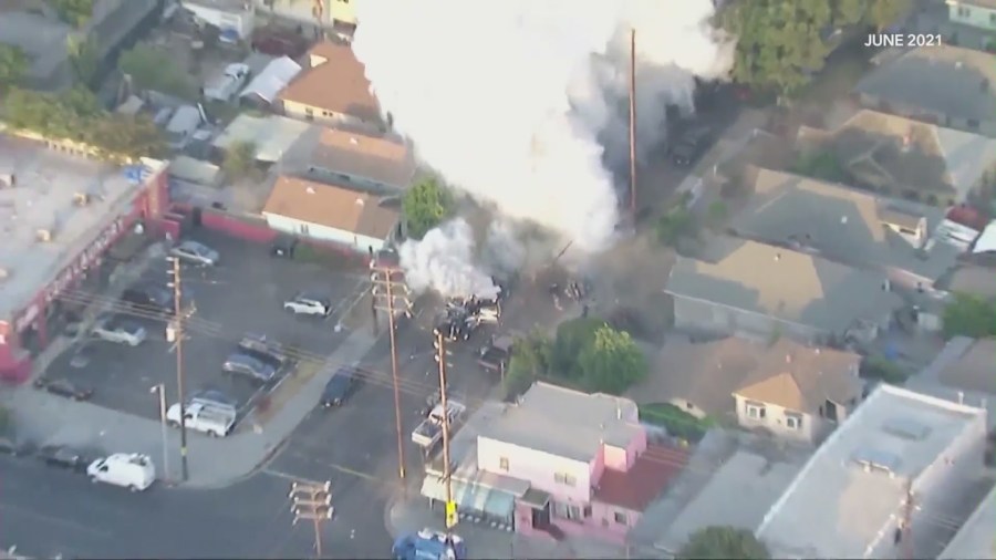 The aftermath of a botched illegal fireworks explosion by LAPD that injured and displaced residents in South Los Angeles on June 30, 2021. (KTLA)