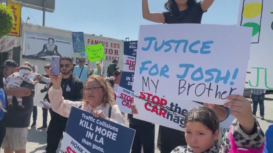 Rally held by residents on April 8, 2023 calling for safer streets after a hit-and-run crash left a 13-year-old boy without a leg in Boyle Heights. (KTLA)