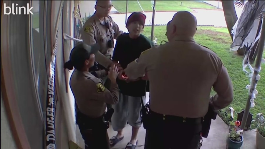 Home security video captures the moment a San Gabriel mother said authorities had wrongfully entered her home and detained her children for no reason on Oct. 22, 2022. (Cordova Family)