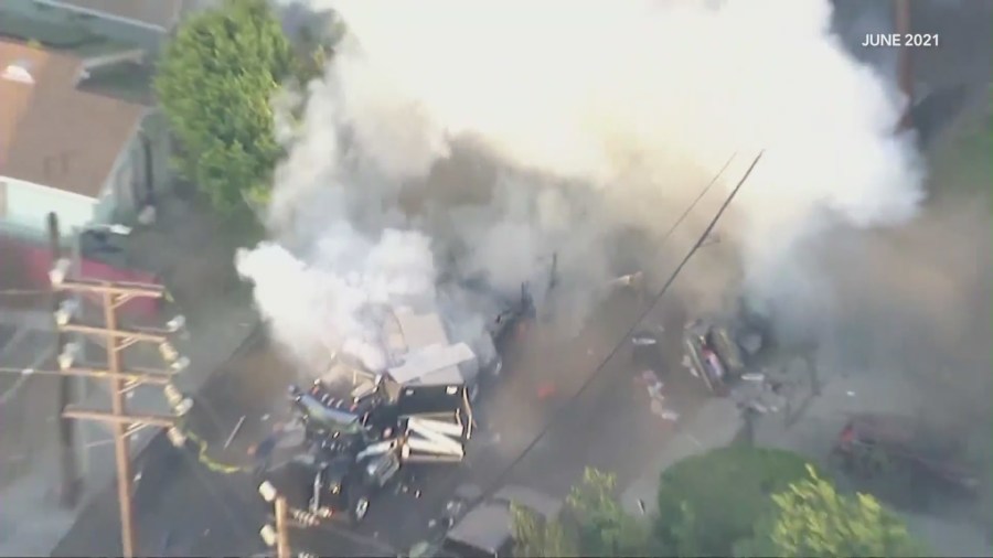 The aftermath of a botched illegal fireworks explosion by LAPD that injured and displaced residents in South Los Angeles on June 30, 2021. (KTLA)