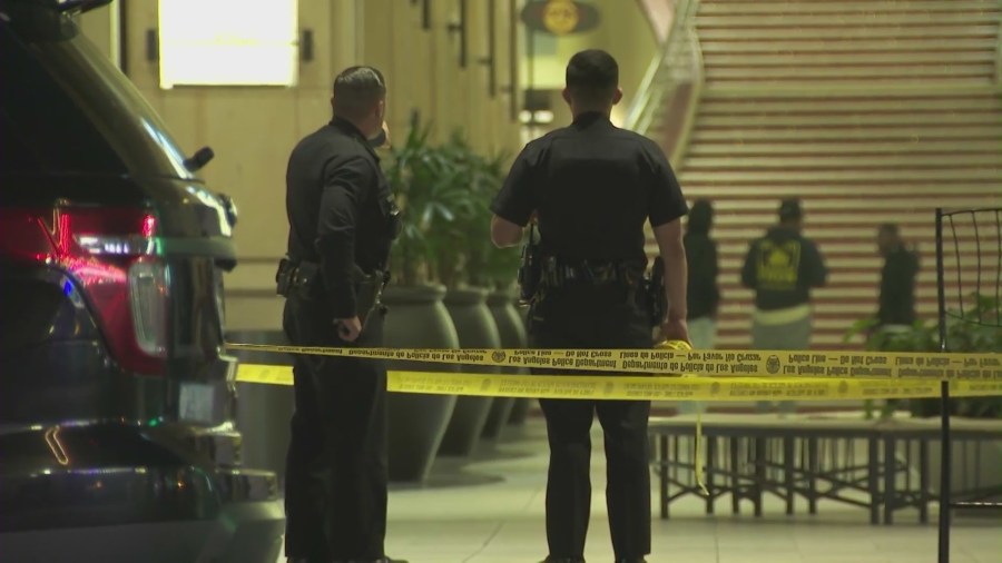 A man is hospitalized after being shot in the head on Hollywood Boulevard Friday night. (KTLA)