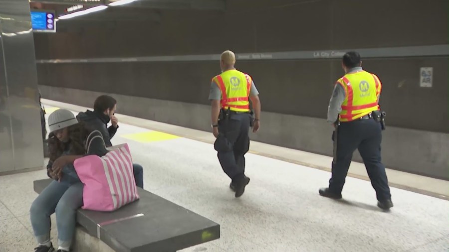 Armed Security guards patrolling a Metro Red Line subway station in East Hollywood on April 27, 2023. (KTLA)