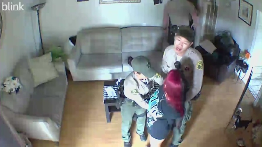 Home security video captures the moment a San Gabriel mother said authorities had wrongfully entered her home and detained her children for no reason on Oct. 22, 2022. (Cordova Family)