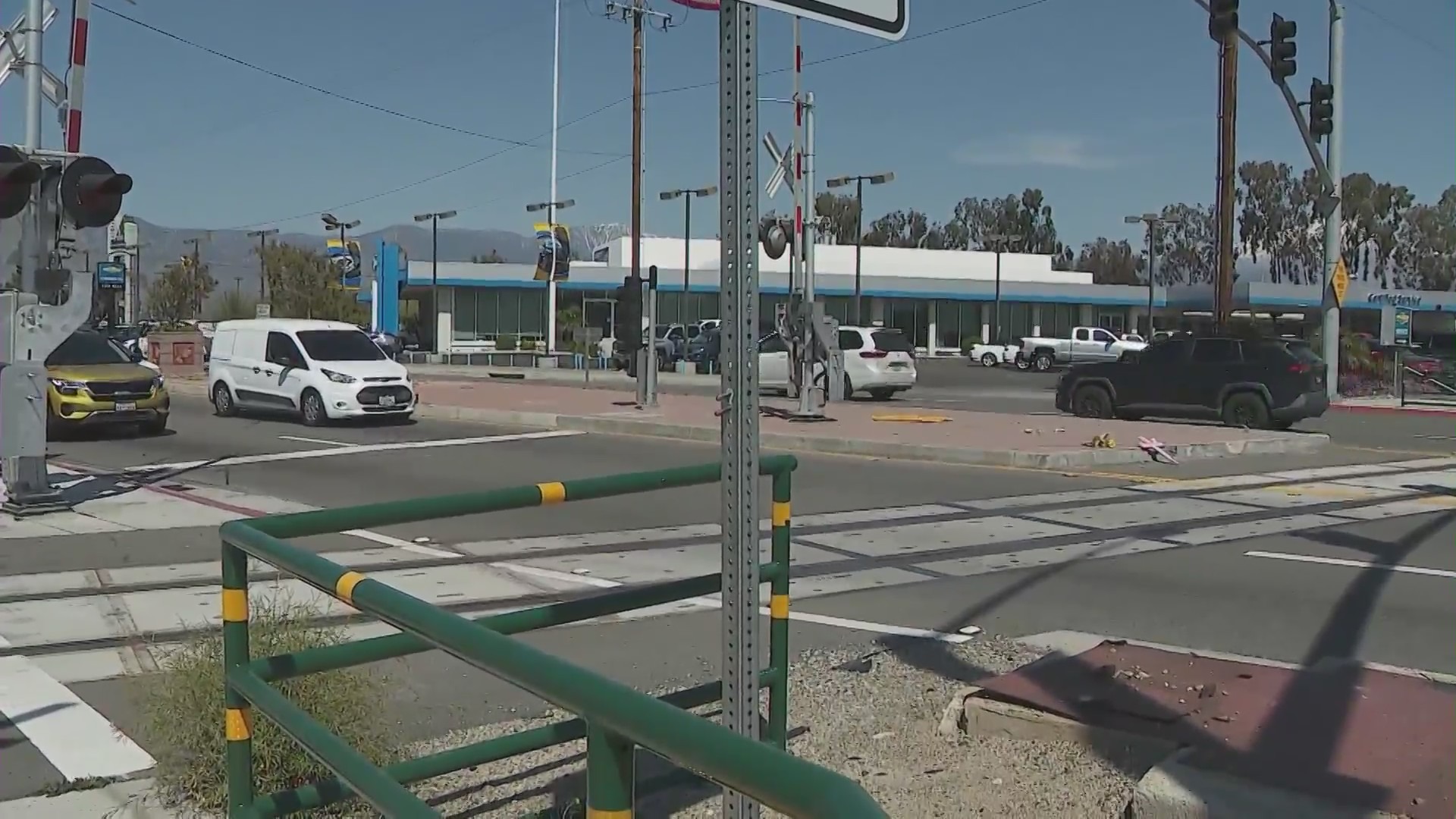 Train tracks where an 11-year-old girl was killed and her mother was critically injured after being struck by a train in Redlands on April 4, 2023. (KTLA)