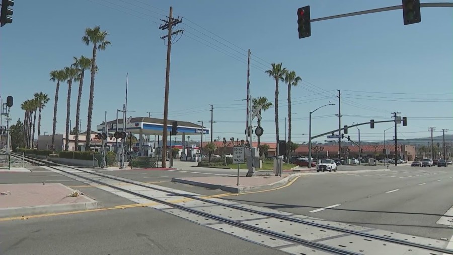 Train tracks where an 11-year-old girl was killed and her mother was critically injured after being struck by a train in Redlands on April 4, 2023. (KTLA)