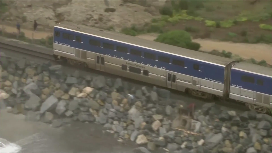 An Amtrak Pacific Surfliner train travels through San Clemente on April 17, 2023. (KTLA)