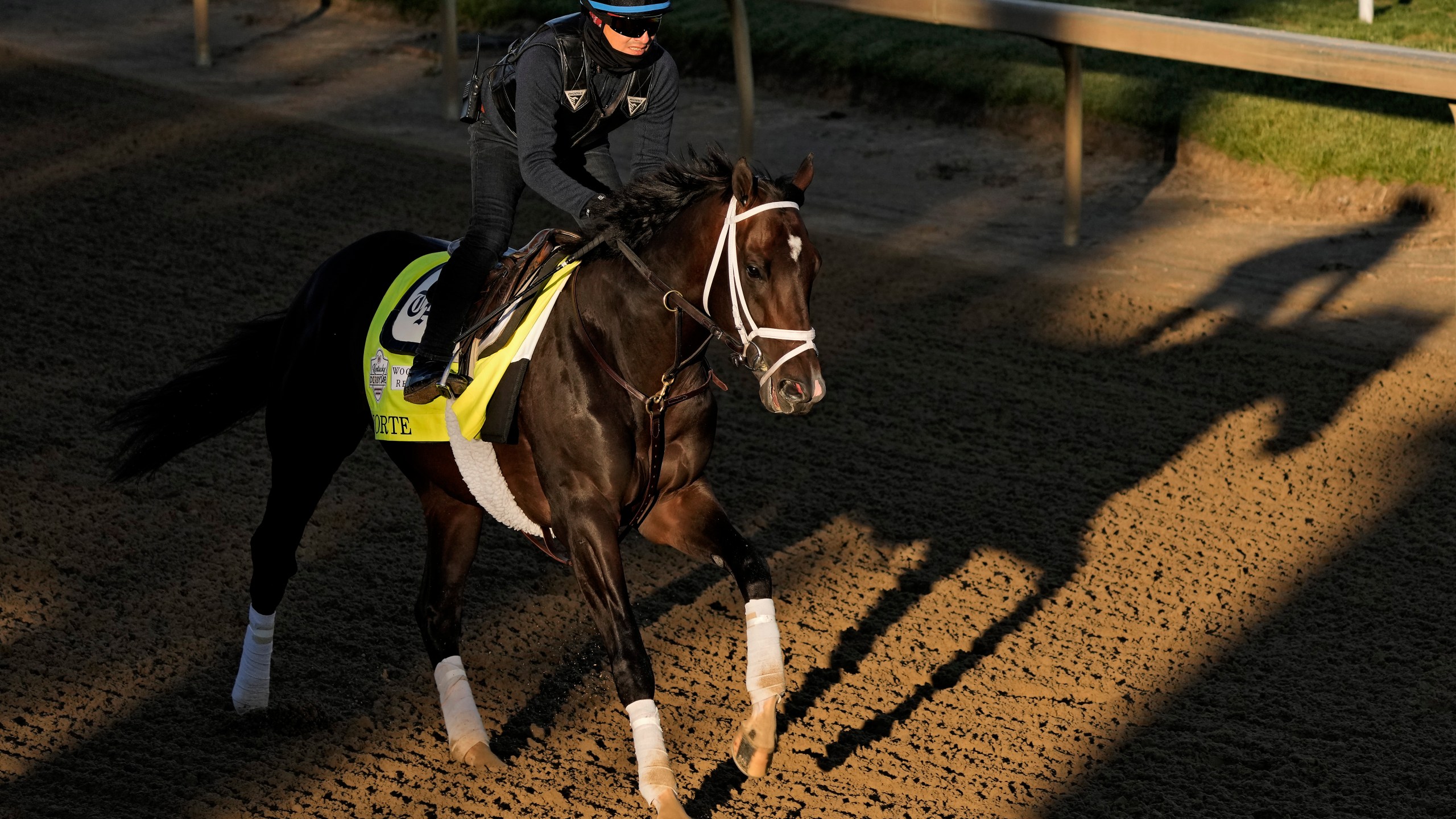 Kentucky Derby hopeful Forte works out at Churchill Downs Wednesday, May 3, 2023, in Louisville, Ky. The 149th running of the Kentucky Derby is scheduled for Saturday, May 6. (AP Photo/Charlie Riedel)