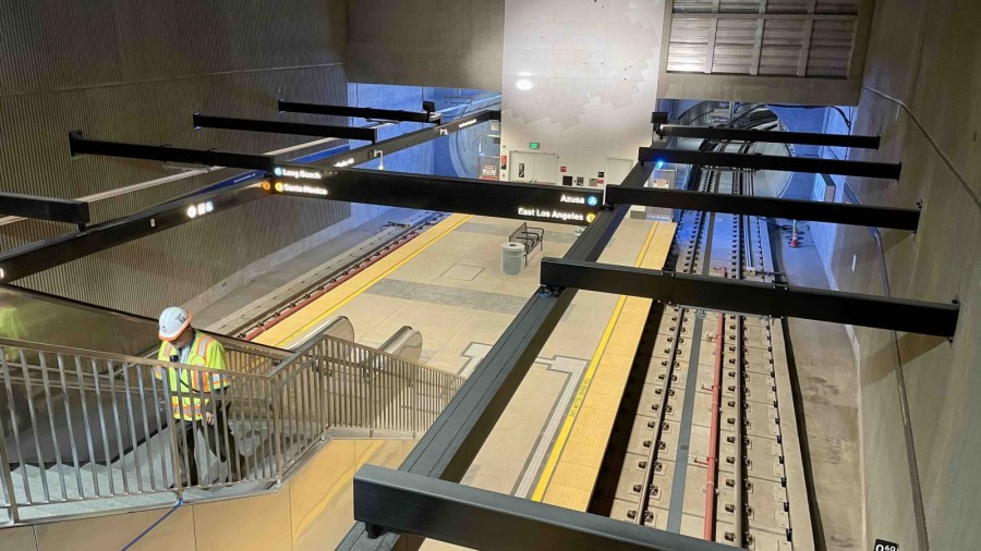 A photo from the Los Angeles Metro Authority shows the tracks and tunnel at the new Grand Ave. and Bunker Hill Metro Station in downtown L.A. on May 22, 2023. (L.A. Metro)