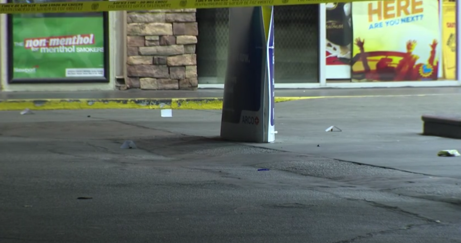 A man was shot and run over at a Canoga Park gas station on May 10, 2023. (KTLA)