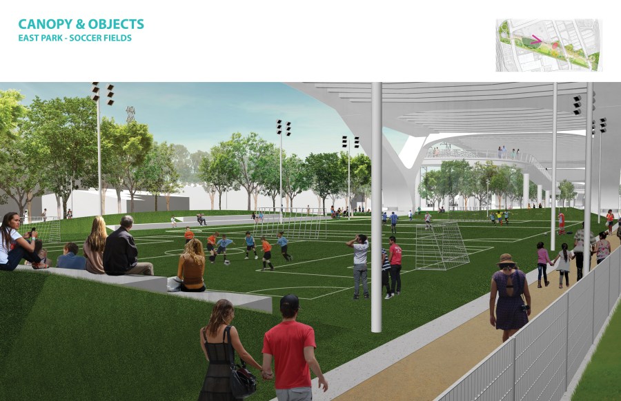 The soccer fields at Sixth Street Park, Arts, and River Connectivity. (Hargreaves Jones)