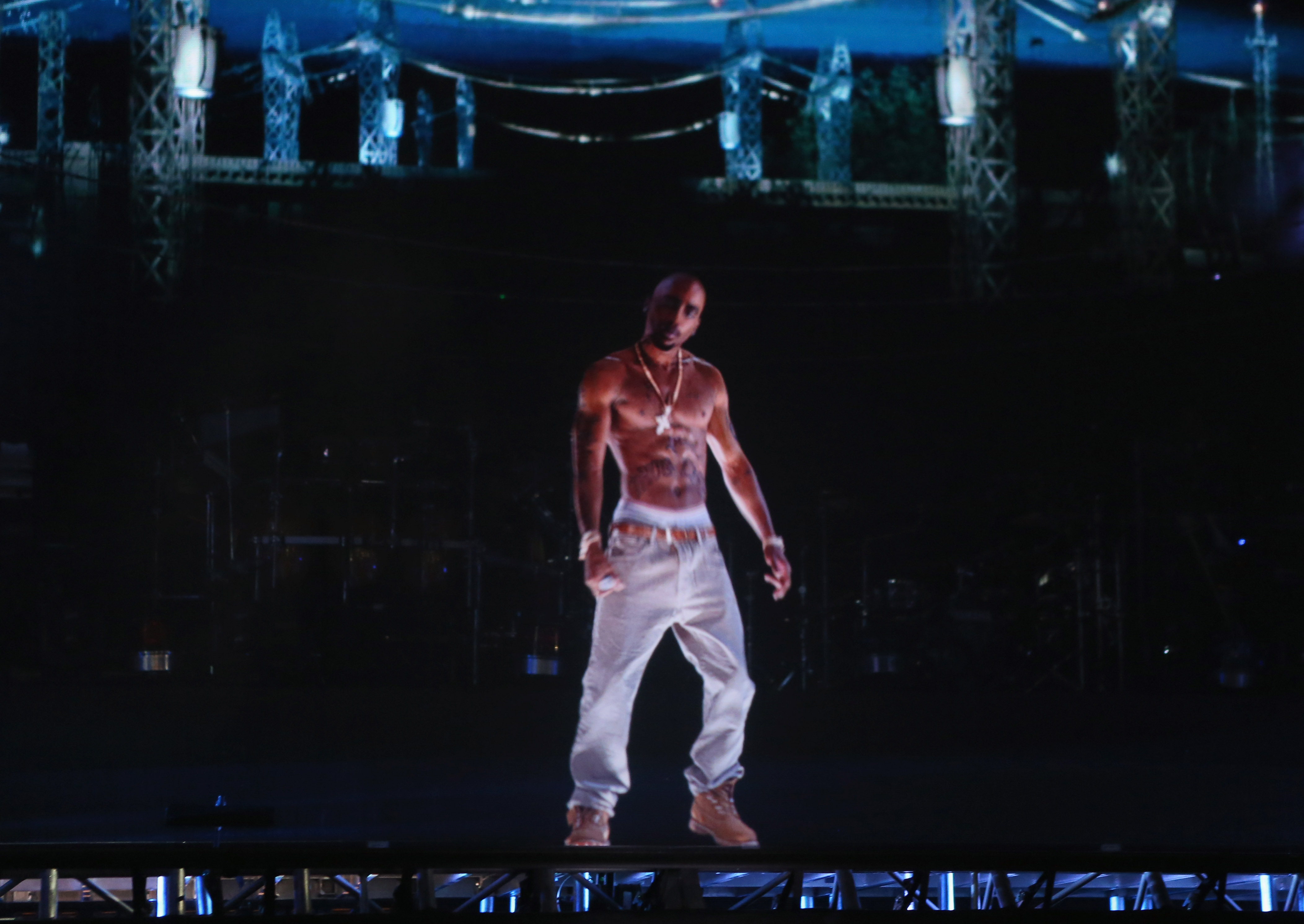 A 2Pac hologram performed at the 2012 Coachella Valley Music & Arts Festival at the Empire Polo Field on April 15, 2012 in Indio, California. (Christopher Polk/Getty Images for Coachella)