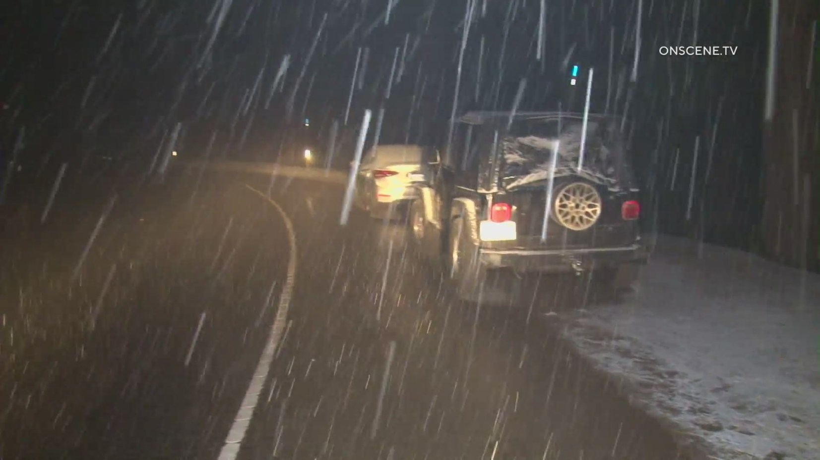 Snow fell in the San Bernardino Mountains on May 4, 2023. (OnScene.TV)