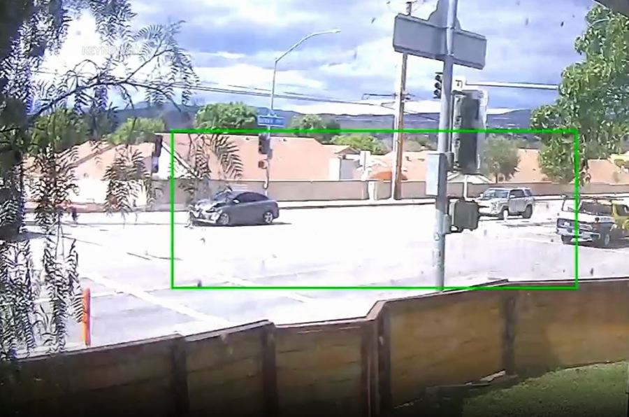 Security video captured the moment two cars slammed into a deputy vehicle in Santa Clarita on May 6, 2023. (KeyNews)