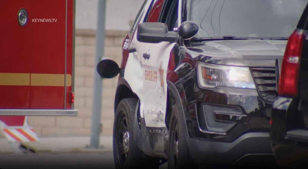 Security video captured the moment two cars slammed into a deputy vehicle in Santa Clarita on May 6, 2023. (KeyNews)