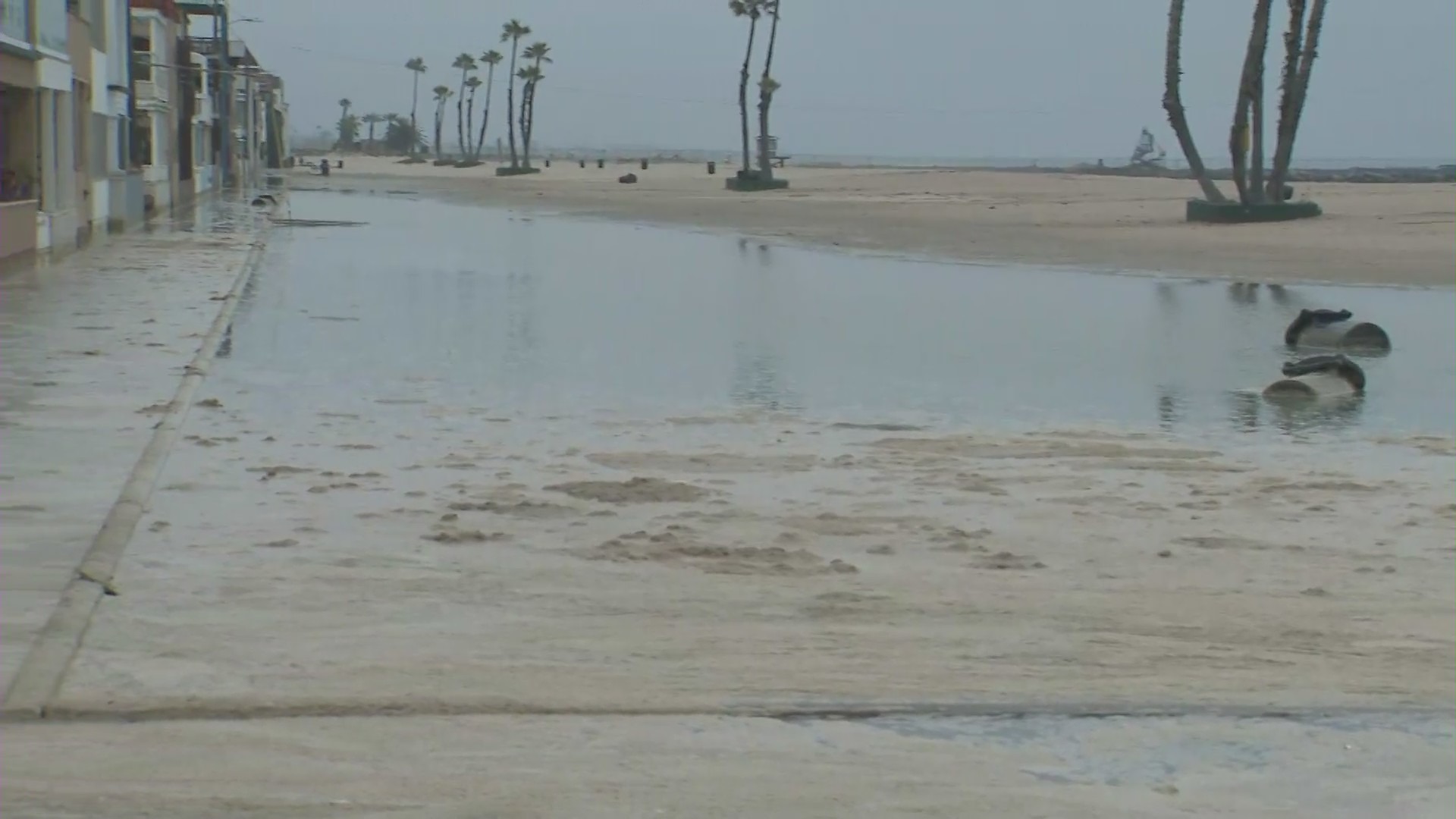 Coastal flooding can be seen in Seal Beach on May 18, 2023. (KTLA)