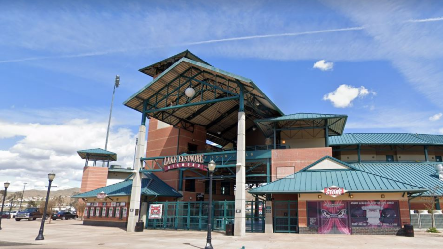 The entrance to Lake Elsinore Diamond stadium, home of the Lake Elsinore Storm minor league baseball team. (Google Earth)