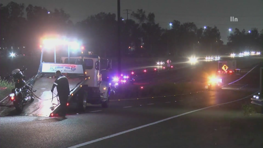 Authorities respond after a pedestrian was fatally struck by a big rig along the 10 Freeway in Bloomington on April 30, 2023. (LOUDLABS)