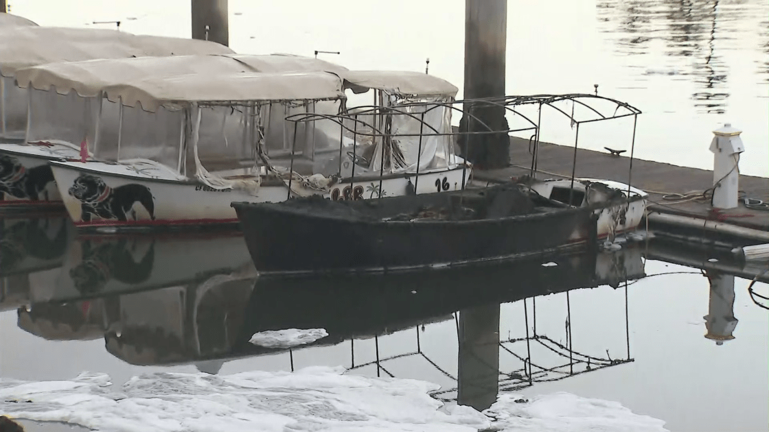 Several boats were burned in a fire in Long Beach on May 8, 2023. (KTLA)