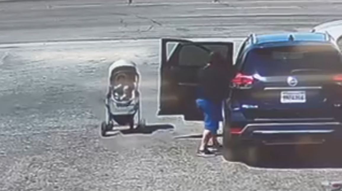 Security video captures the terrifying moment a baby stroller nearly rolls into oncoming traffic in Hesperia on May 1, 2023. (OnScene.TV)