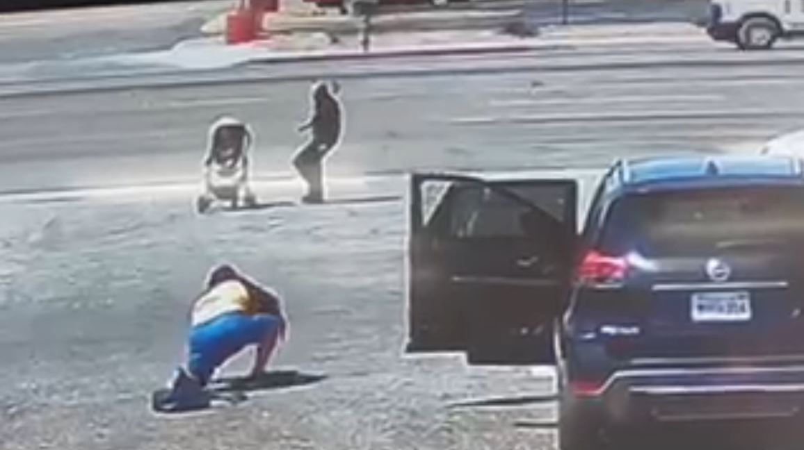 Security video captures the terrifying moment a baby stroller nearly rolls into oncoming traffic in Hesperia on May 1, 2023. (OnScene.TV)