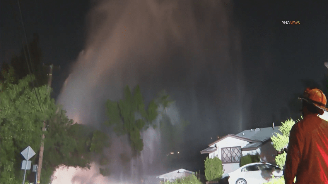 Water from a sheared fire hydrant shoots into the air on May 9, 2023. (RMG News)