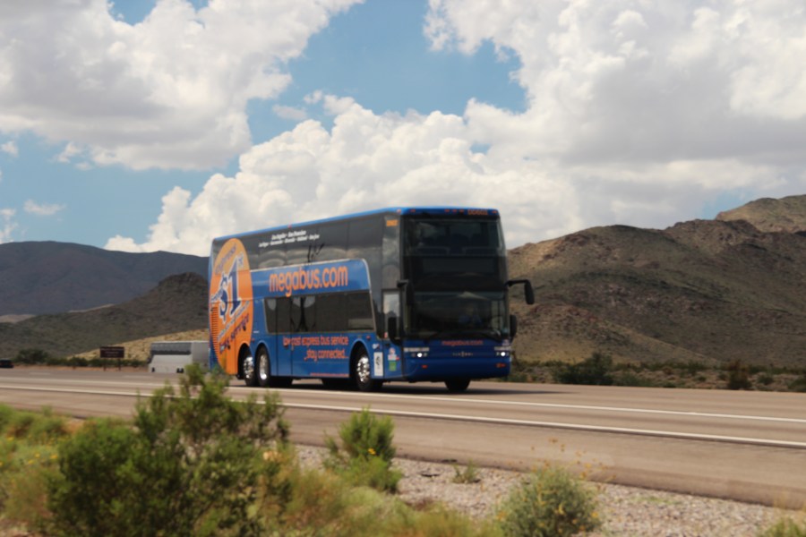 This undated promotional image shows a Megabus bus driving between Los Angeles and Las Vegas. (Megabus)